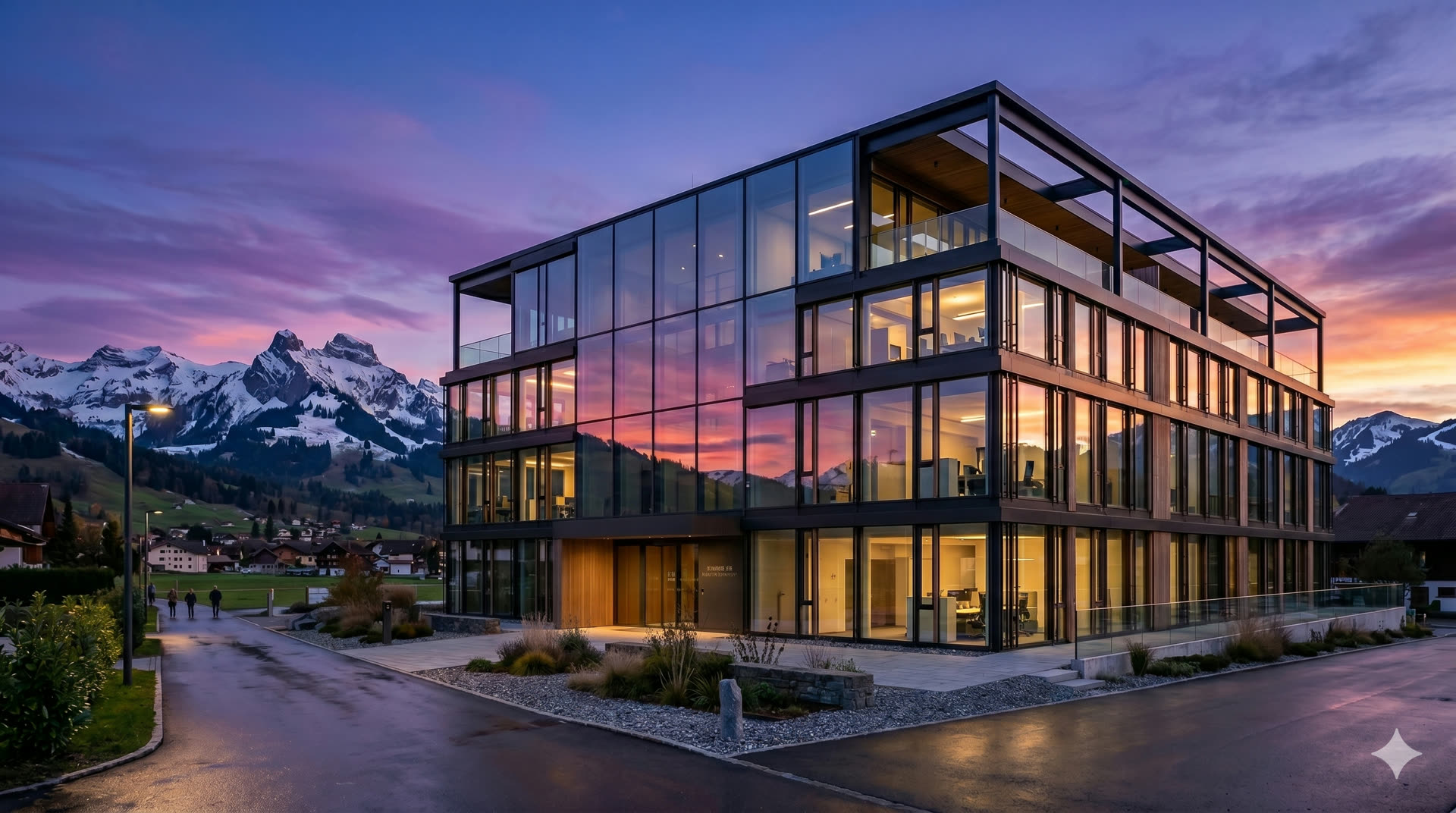 Bâtiment moderne en Suisse romande, devant les Préalpes fribourgeoises